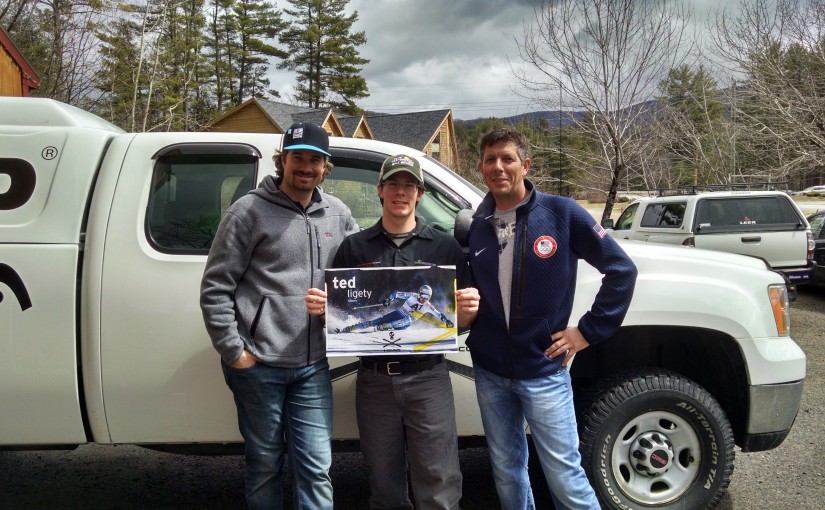 Head Skis race rep Ben Drummond, Will McKay from Peak Performance Ski Shop and Ted Ligety's ski technician Alex Martin at the 2015 Head SKis Hand Tuning Clinic in West Campton, NH.