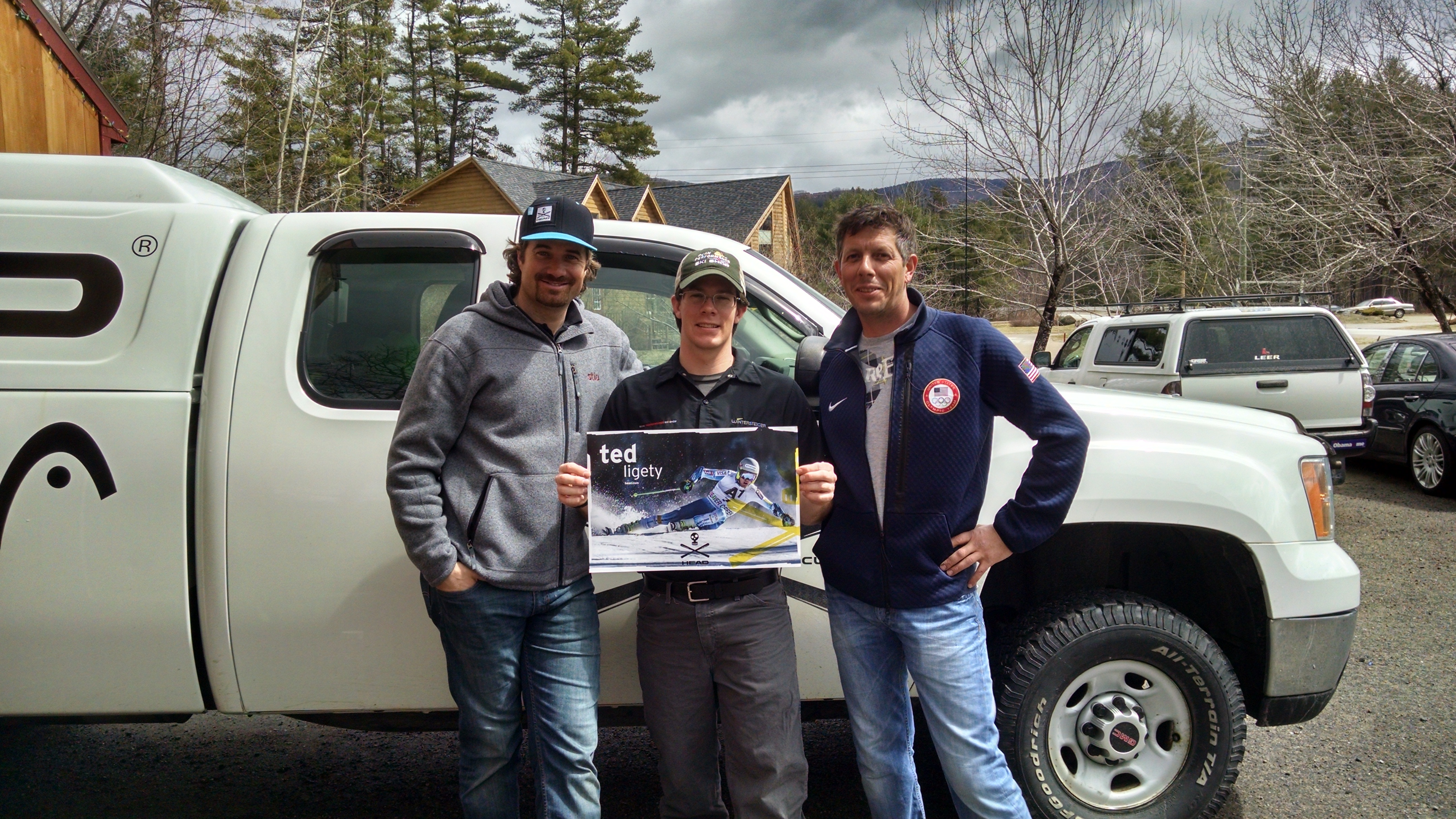 Head Skis race rep Ben Drummond, Will McKay from Peak Performance Ski Shop and Ted Ligety's ski technician Alex Martin at the 2015 Head SKis Hand Tuning Clinic in West Campton, NH.