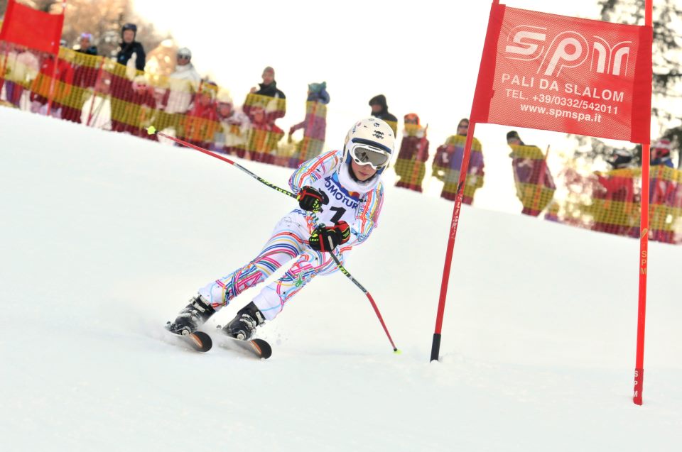 Ski race suits make you ski faster, as seen here in this SL race.